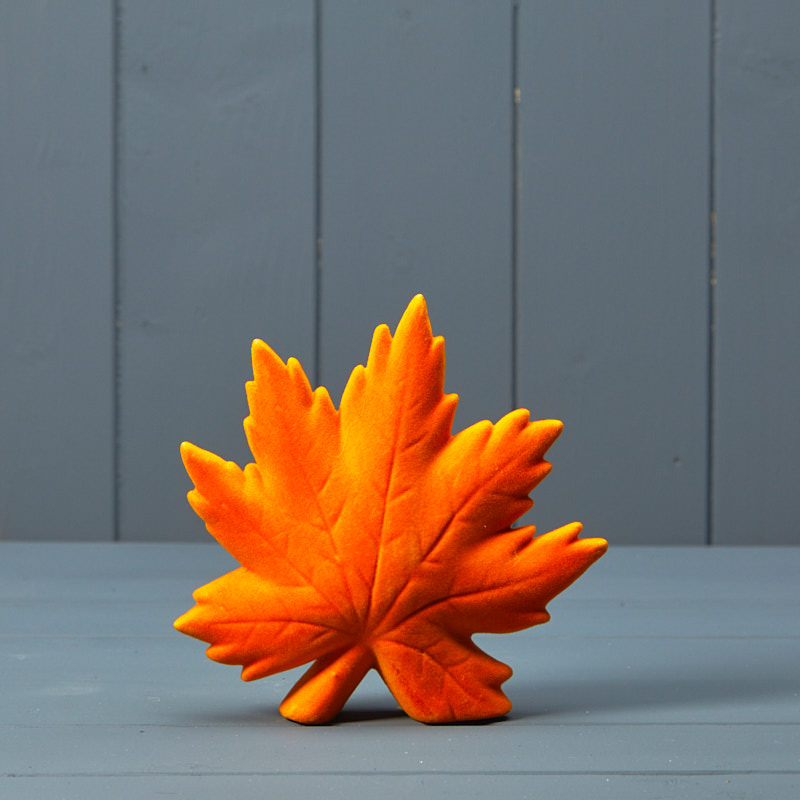 Maple Leaf Ornament with Orange Flock covering detail page
